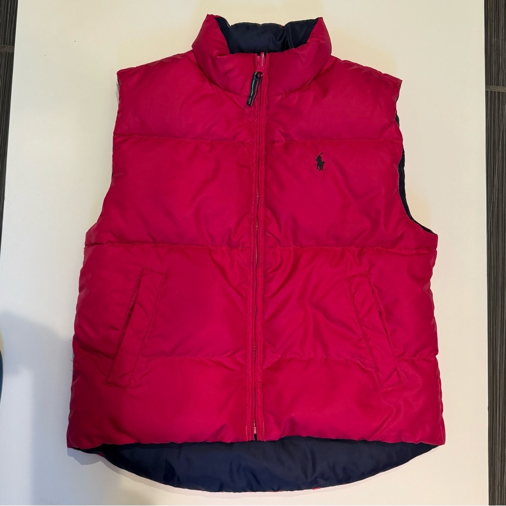 Lot of 2 vests - Ralph Lauren Kids pink & navy down puffer & Gap white faux fur